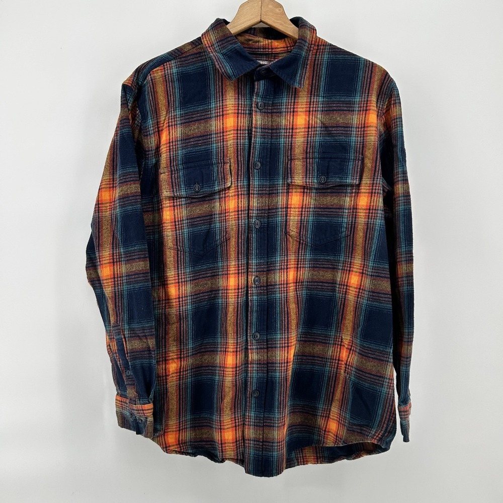 Falls Creek Flannel Shirt Mens Large Orange Blue Plaid Workwear Outdoor Grunge